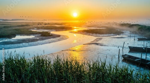 Breathtaking Sunrise Over Marshland with River and Boats in Misty Morning Atmosphere