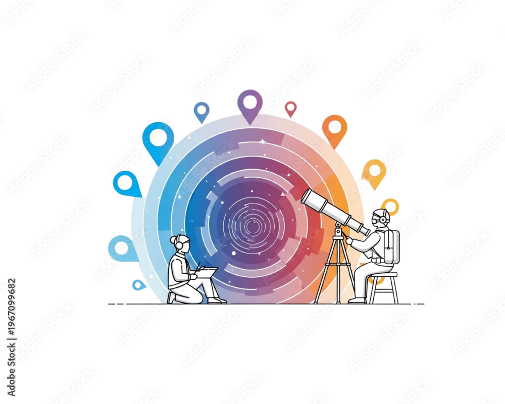 Fototapeta premium Conceptual flat line illustration of researchers exploring a digital universe using a telescope and notebook, featuring colorful global location pins, data visualization, and discovery themes.