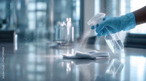 Professional cleaning service spraying disinfectant on office table with cloth. A gloved hand sprays cleaning solution onto reflective surface in modern office environment, preparing for disinfection