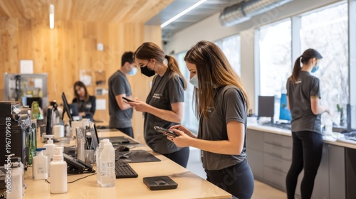 Employees wearing masks use phones while working behind counter cleaning supplies. Team of employees in matching shirts face masks are focused on mobile phones while standing behind counter stocked