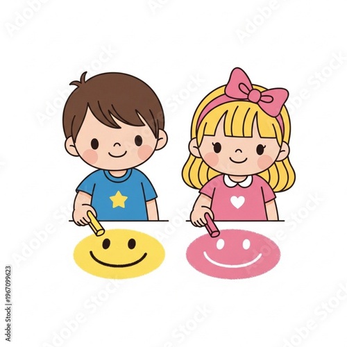 Two children drawing smiley faces with chalk on a white background  