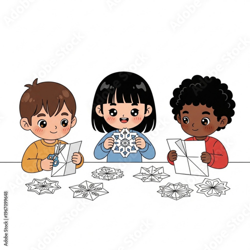 Children crafting paper snowflakes together at a table indoors  