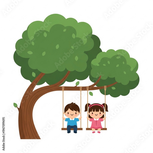 Children swinging together under tree in playful illustration  