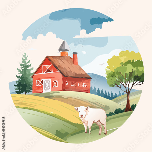 Aquarell-Landschaft mit Bauernhof, Tieren und grünen Hügeln