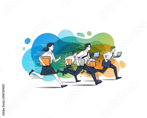 Group of business professionals running fast with laptops and documents, concept of deadline urgency, competitive corporate race, and fast-paced workplace efficiency flat vector illustration.