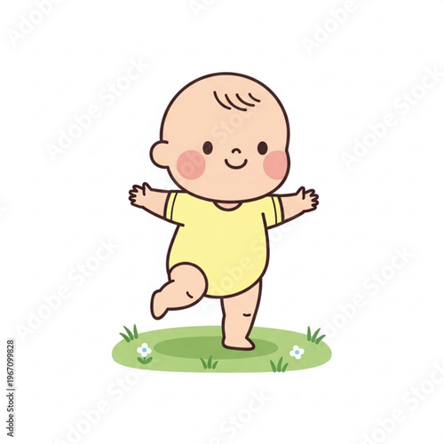 Happy toddler learning to walk on grass in a playful environment  