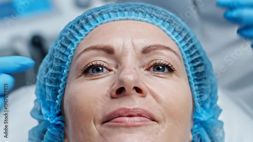 Close-Up of Woman's Face Receiving Cosmetic Procedure With Blue Gloves and Cap