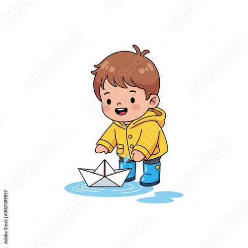Toddler playing with paper boat in puddle on sunny day  