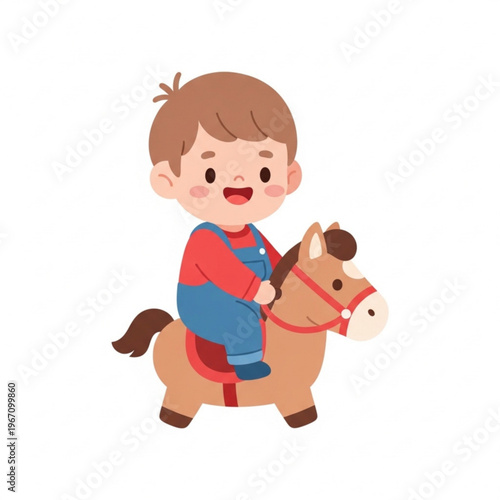 Young boy happily riding a toy horse in playful illustration  