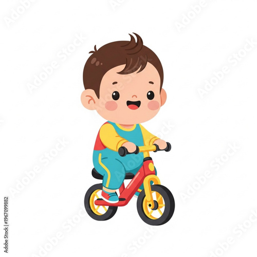 Toddler smiling while riding balance bike indoors  
