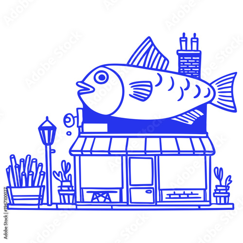 Fish Restaurant Cartoon Doodle Illustration