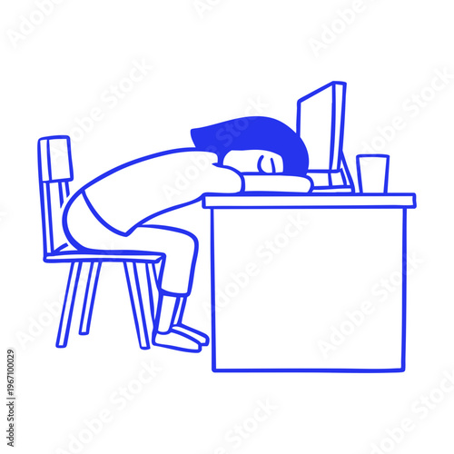 Tired Woman Sleeping at Workplace Doodle Illustration