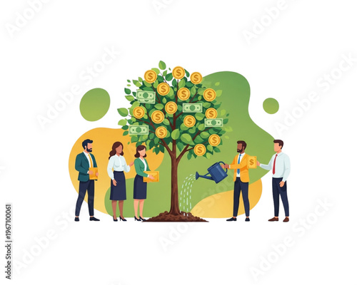Diverse people nurturing a growing money tree with dollar bills, concept of financial investment, wealth creation, collective savings, business profit growth, and economic prosperity flat vector.