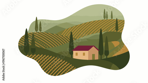 Minimalist Tuscan landscape with vineyards, cypress trees, and a house