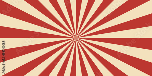 Sun ray circus. Circus retro background. Radial vintage burst. Light stripe. Sunburst red pattern. Beams energy line. Striped aging effect texture. Old poster. Starburst strips bg. Vector illustration