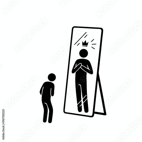 Minimalist stick figure person looking in the mirror and seeing a reflection of themselves wearing a crown with hands on chest to symbolize self love.