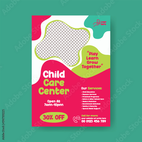 Childcare Daycare A4 Flyer Editable Template for Preschool Kids Care Babysitting Nanny Services Summer Camp Poster Design Modern Clean Minimal Colorful Vector Marketing Promotion Printable Design