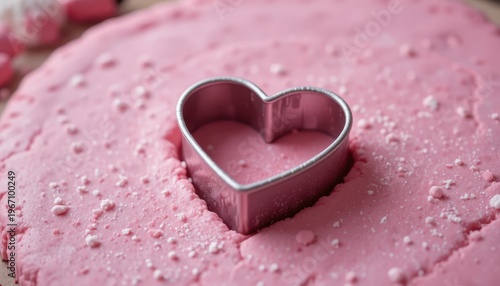 Heart Shaped Cookie Cutter Imprinting A Pink Frosted Cookie For A Sweet Celebration Bakery Treat