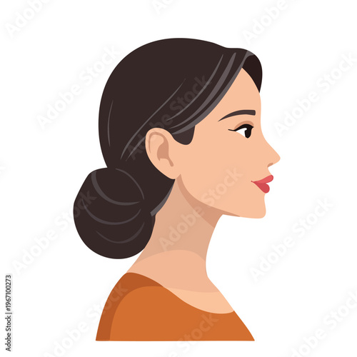 Womans profile portrait illustration brunette hair and orange shirt