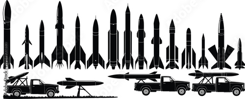 Rocket silhouettes, missile designs, launch vehicles, pickup truck launcher, military weapon, defense concept, aerospace engineering, black icons, vector illustration