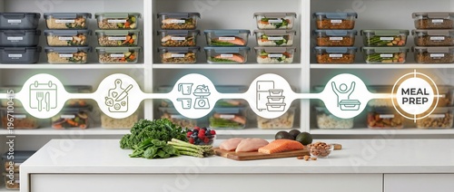 Meal prep, healthy eating, food organization, nutrition planning, batch cooking, clean eating, fitness lifestyle infographic with fresh ingredients and organized storage containers.