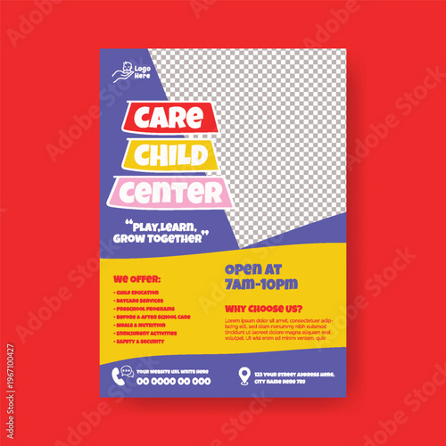 Childcare Summer Camp Daycare A4 Flyer Editable Template for Preschool Kids Care Babysitting Nanny Services Poster Design Modern Clean Minimal Colorful Vector Marketing Promotion Printable Design