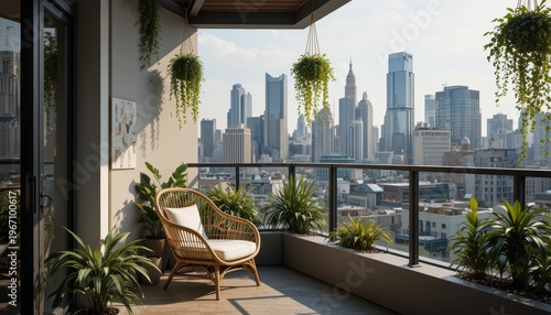 Cozy Balcony with Rattan Chair and Greenery Overlooking Urban Cityscape in Bright Sunlight