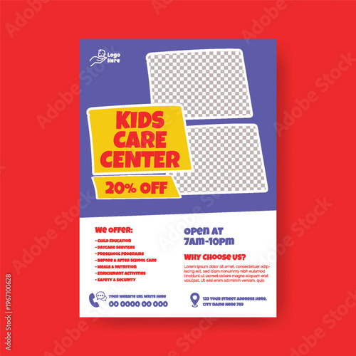 Nanny Services Babysitting Childcare A4 Flyer Editable Template for Daycare Preschool Kids Care Summer Camp Poster Design Modern Clean Minimal Colorful Vector Marketing Promotion Printable Design