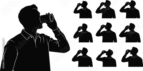 Drinking silhouette, person with cup, repetitive action, collared shirt figure, beverage posture, lifestyle vector, human activity illustration, design composition