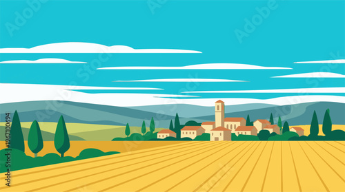 Vibrant flat design landscape with a European village, fields, and mountains