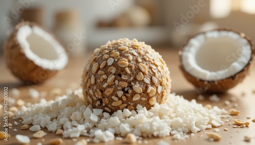 Coconut and Oatmeal Energy Ball Surrounded by Coconut Shells and Crushed Ingredients on Wooden Table