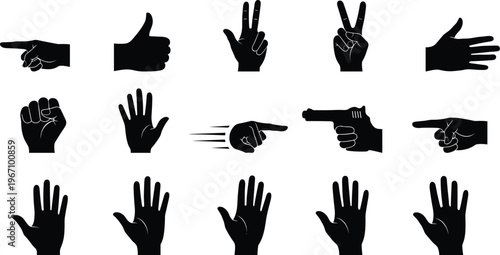 Hand gesture silhouettes, pointing fingers, thumbs up, peace sign, fist punch, open palm, communication illustration, symbolic vector, expressive design composition
