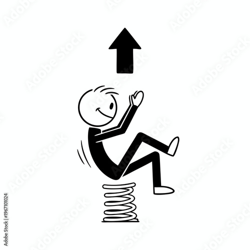 Minimalist line art illustration of a smiling stick figure character bouncing upward on a spring with an arrow representing growth and resilience.