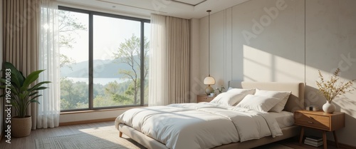 Modern Minimalist Bedroom With Natural Light and Scenic Nature View Through Large Window