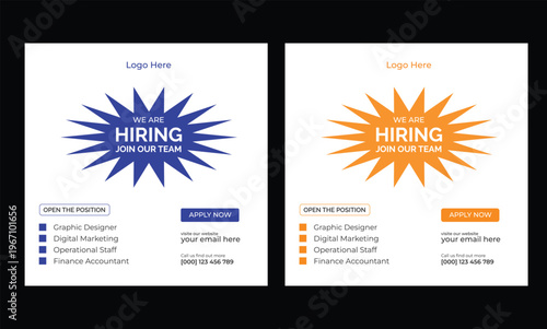 We're hiring. Job offer leaflet template. Job vacancy flyer poster template design. We are hiring job vacancy social media post or square web banner template