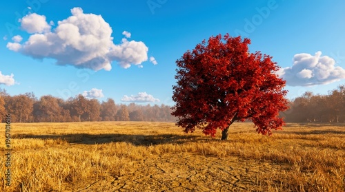 Solitary Red Tree Standing in a Golden Field Under a Clear Blue Sky in Autumn Atmosphere