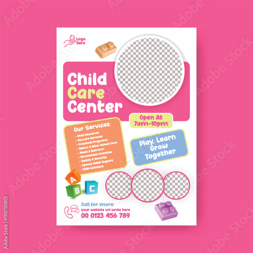 Childcare Daycare Preschool A4 Flyer Editable Template for Kids Care Babysitting Nanny Services Summer Camp Poster Design Modern Clean Minimal Colorful Vector Marketing Promotion Printable Design