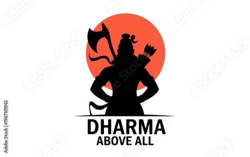 Lord Parshuram silhouette with axe and sun background featuring dharma above all quote vector illustration