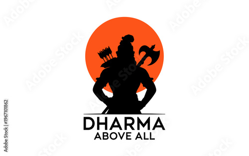 Lord Parshuram silhouette with axe and sun background featuring dharma above all quote vector illustration