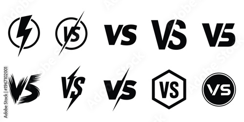 Battle VS icon set, a dynamic vector collection featuring stylized letters, duel graphics, competitive match symbols, and bold versus elements designed for gaming interfaces, esports branding, and 
