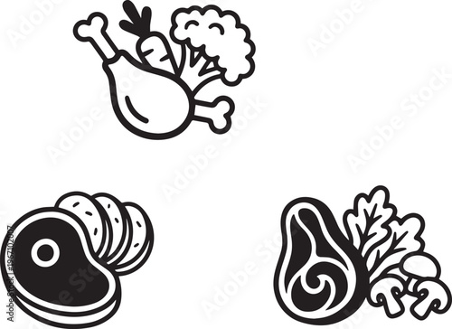 Steak, Chicken, Sausage with Vegetables Black and White Illustrations