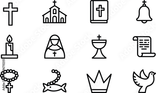 Christianity and church religious line icons set featuring cross bible nun church bell dove and holy grail symbols