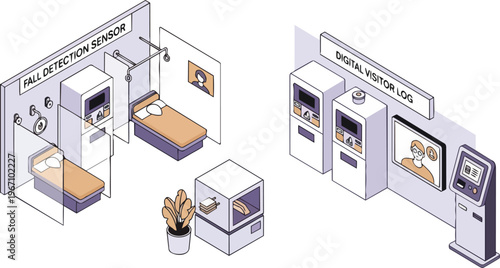 Smart Healthcare and Elderly Care Facility Isometric Illustration with Fall Detection Sensor Technology and Digital Visitor Log Kiosk for Modern Hospital Management