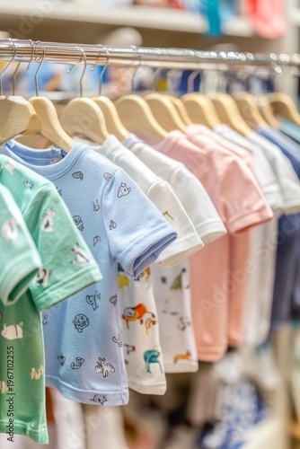 Display of trendy cotton baby shirts on hangers in a retail store showcasing summer collection products