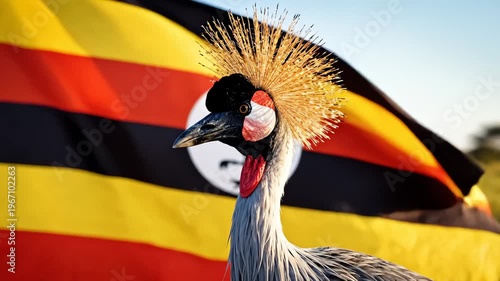 Majestic Grey Crowned Crane Stands Proudly in Front of the Ugandan Flag