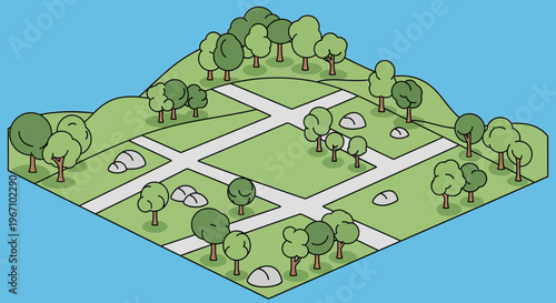 Isometric Park Landscape with Trees and Paths.
