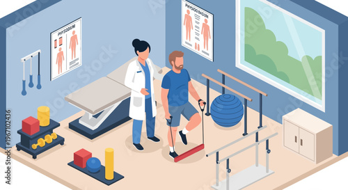 Physical therapist assisting patient with leg exercise in rehabilitation clinic.