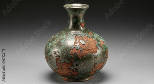 Ancient ceramic vase with intricate mosaic-like glaze patterns and narrow neck