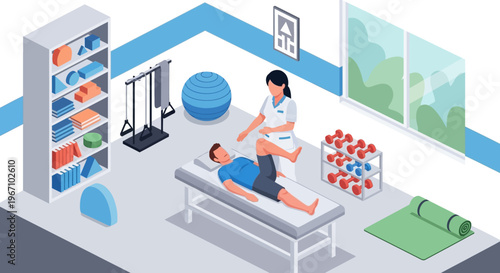 Physical therapist assisting patient with leg exercise on therapy table.