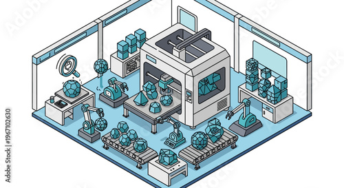 Modern 3D Printing Factory with Robotic Arms and Prototypes.